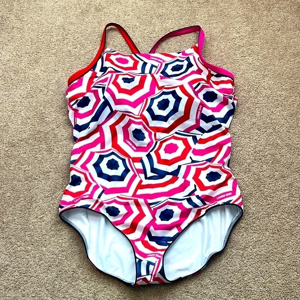 Lands' End Pink and Blue Geometric One Piece Swimsuit - Picture 3 of 10